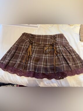 Brown Plaid Lace-Trim Mini Skirt with Ribbon Lacing